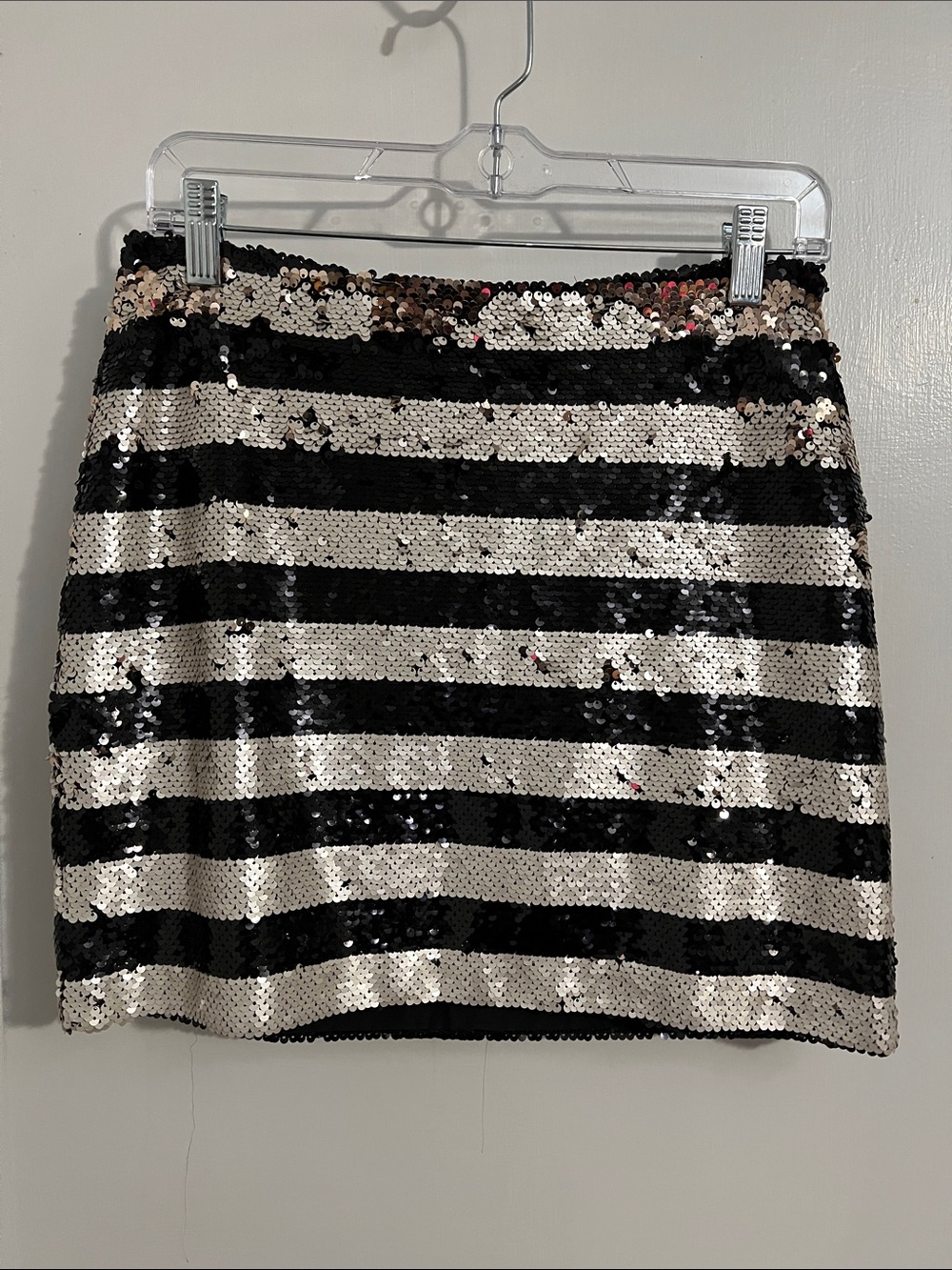 Boston Proper Black and Cream Striped Sequin Mini Skirt